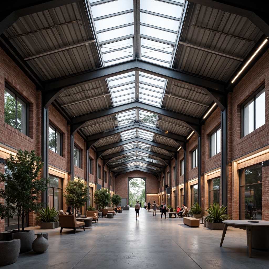 Prompt: Industrial chic factory building, exposed brick walls, metallic beams, minimalist decor, abundant natural light, large skylights, clerestory windows, transparent glass roofs, open floor plans, functional simplicity, brutalist aesthetic, raw concrete textures, steel frame structures, innovative lighting systems, LED strip lights, warm ambient glow, soft diffused illumination, 1/1 composition, symmetrical framing, high-contrast rendering, dramatic shadows, realistic materials, subtle color grading.