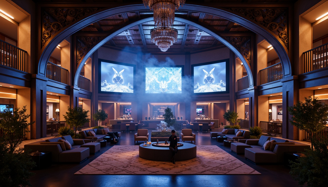 Prompt: Luxurious nightclub interior, vaulted ceilings with ornate details, dark metallic tones, glossy black floors, LED light installations, strobe lights, fog machines, VIP lounge areas, plush velvet sofas, champagne bars, DJ booths, futuristic sound systems, dynamic lighting effects, spotlights, dramatic shadows, atmospheric haze, 3/4 composition, low-angle shots, cinematic lighting, realistic textures, ambient occlusion.