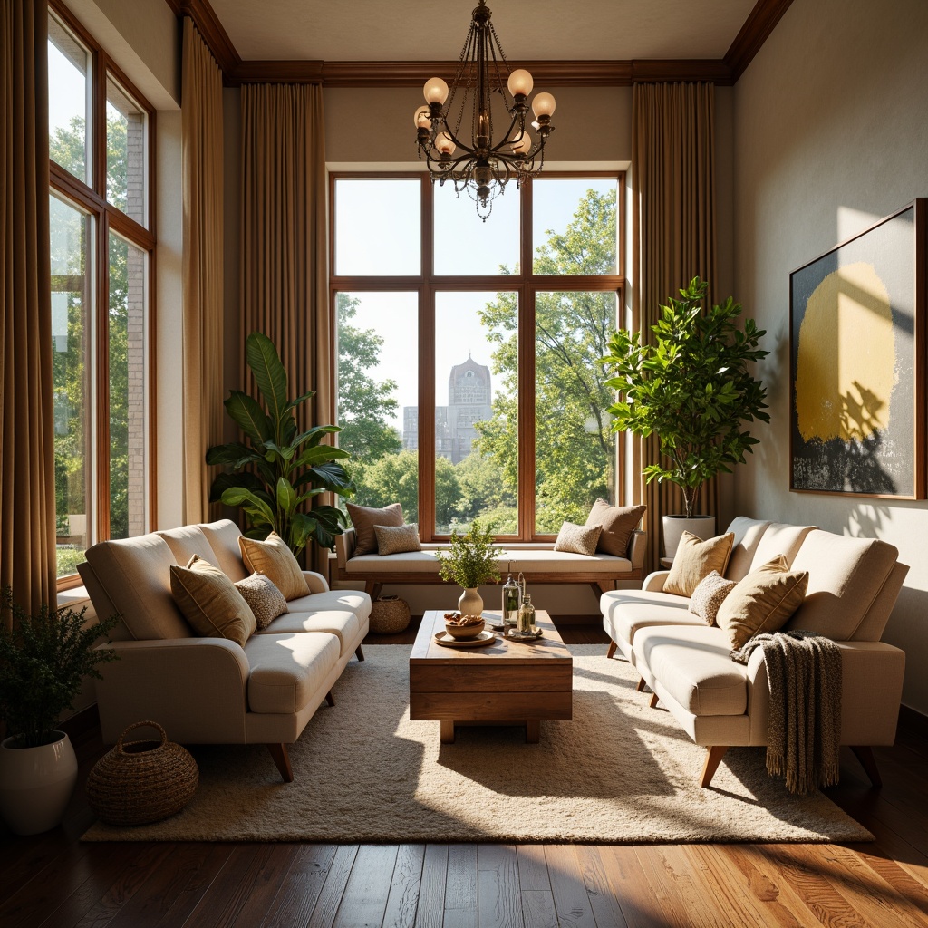 Prompt: Cozy living room, plush sofas, warm beige walls, rich wood flooring, elegant chandelier, floor-to-ceiling windows, natural light pouring in, comfortable reading nook, stylish coffee table, vibrant greenery, soft cushions, textured throw blankets, ambient warm lighting, 1/1 composition, shallow depth of field, realistic textures.