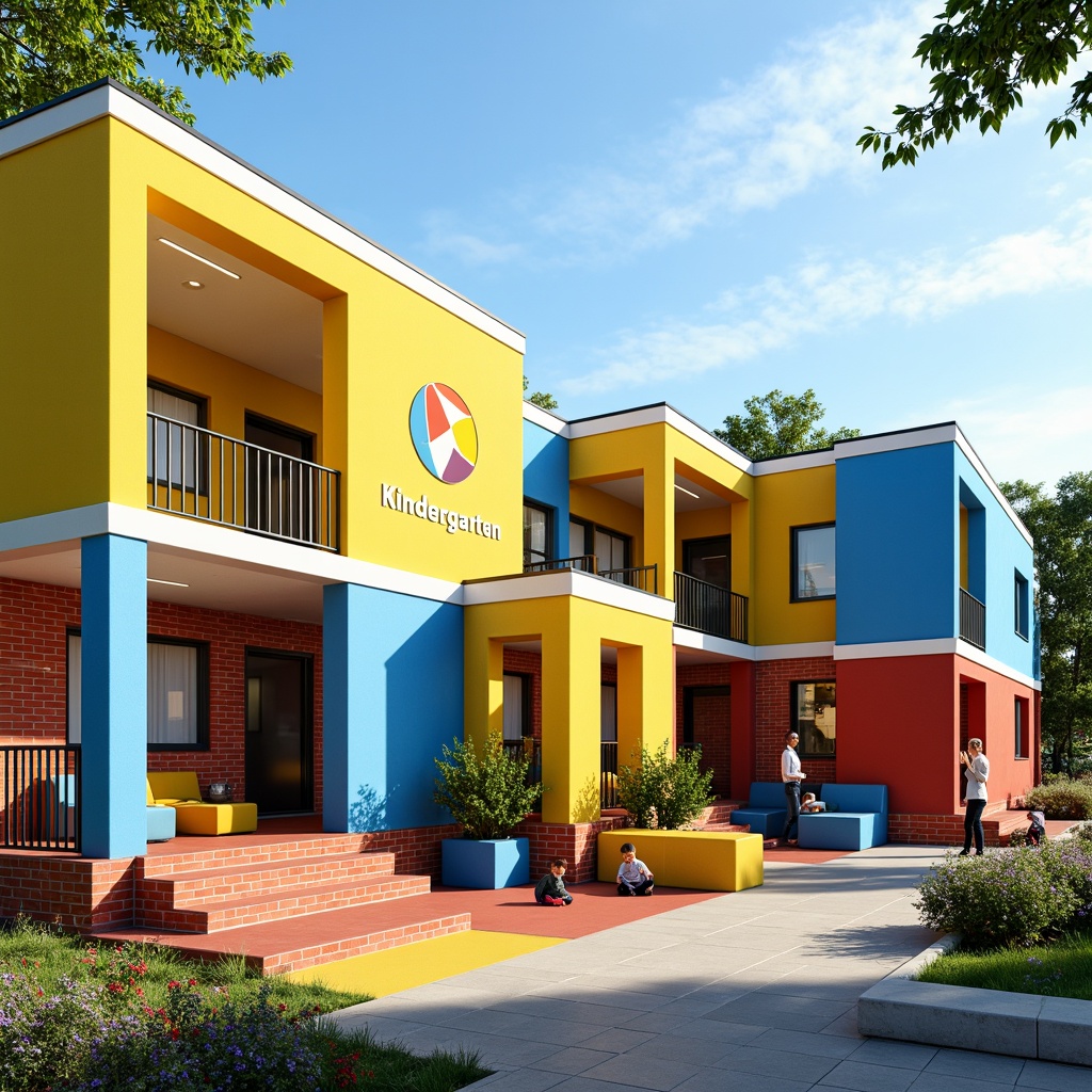 Prompt: Vibrant kindergarten building, structuralist style architecture, bold primary colors, bright yellow walls, sky blue accents, red brick fa\u00e7ade, white trim details, playful geometric shapes, rounded corners, colorful murals, educational signage, interactive playground equipment, soft rubber flooring, natural wood textures, warm LED lighting, shallow depth of field, 1/1 composition, inviting entranceways, accessible ramps, wheelchair-friendly design, inclusive outdoor spaces, blooming flowers, lush greenery, sunny day, gentle breeze.