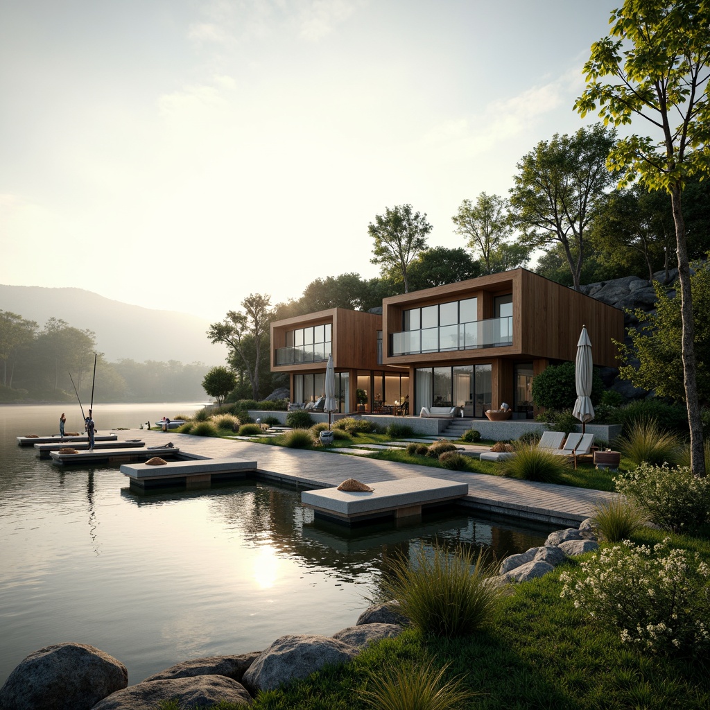 Prompt: Lakefront villa, serene waterfront, lush greenery, wooden dock, sailboats, calm lake waters, misty morning, soft warm lighting, shallow depth of field, 3/4 composition, panoramic view, realistic textures, ambient occlusion, modern minimalist architecture, large windows, sliding glass doors, natural stone walls, wooden accents, eco-friendly materials, sustainable energy solutions, solar panels, green roofs, innovative cooling technologies, shaded outdoor spaces, misting systems, vibrant colorful textiles, intricate geometric motifs.