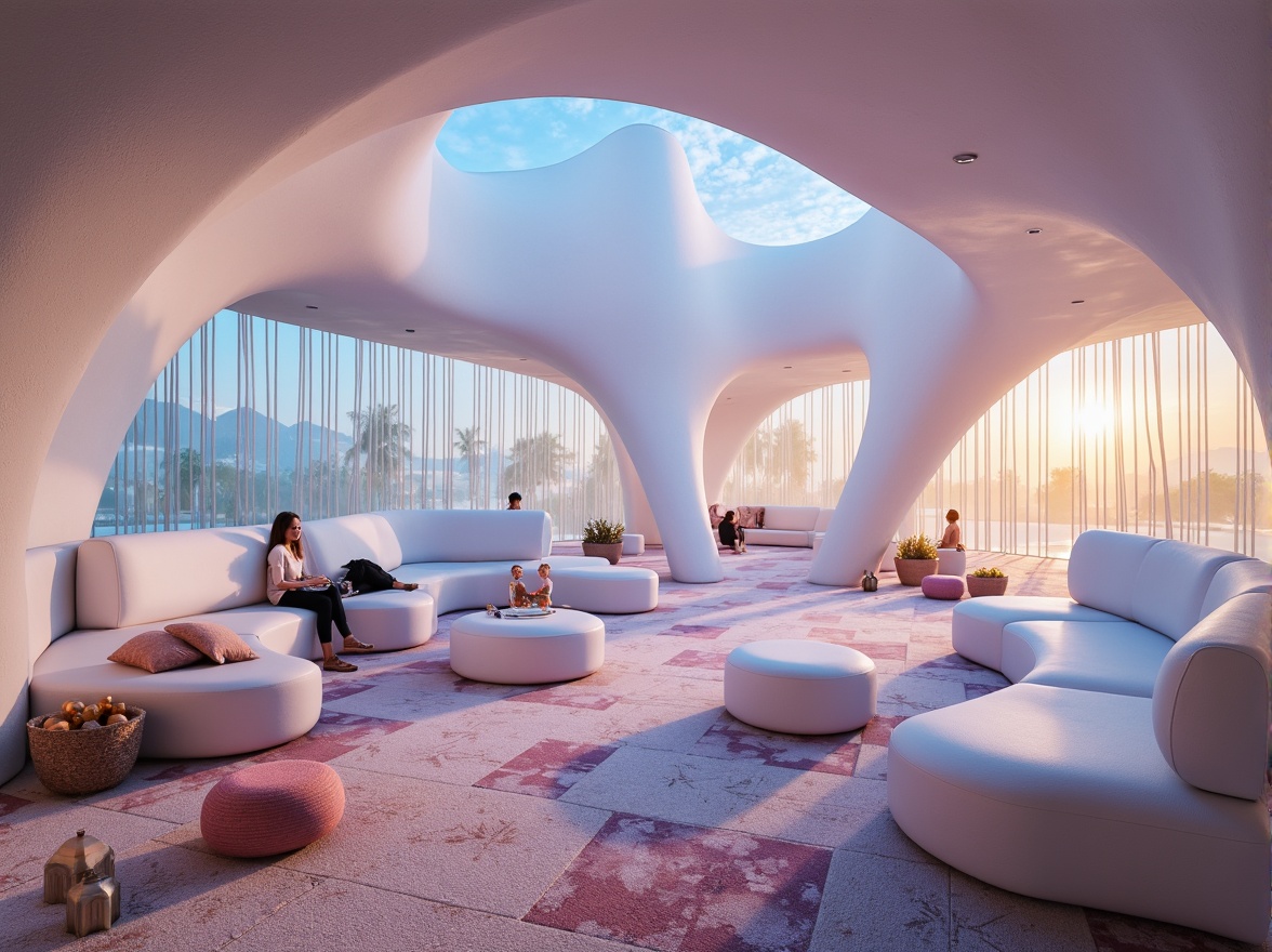 Prompt: Organic blob-shaped furniture, soft rounded edges, pastel color palette, iridescent accents, translucent glass walls, fluid-like architecture, undulating ceilings, bioluminescent lighting, plush carpets, comfortable curvaceous seating, cozy reading nooks, futuristic ambiance, minimalist decor, natural materials, eco-friendly textiles, warm ambient glow, shallow depth of field, 1/2 composition, soft focus, dreamy atmosphere.