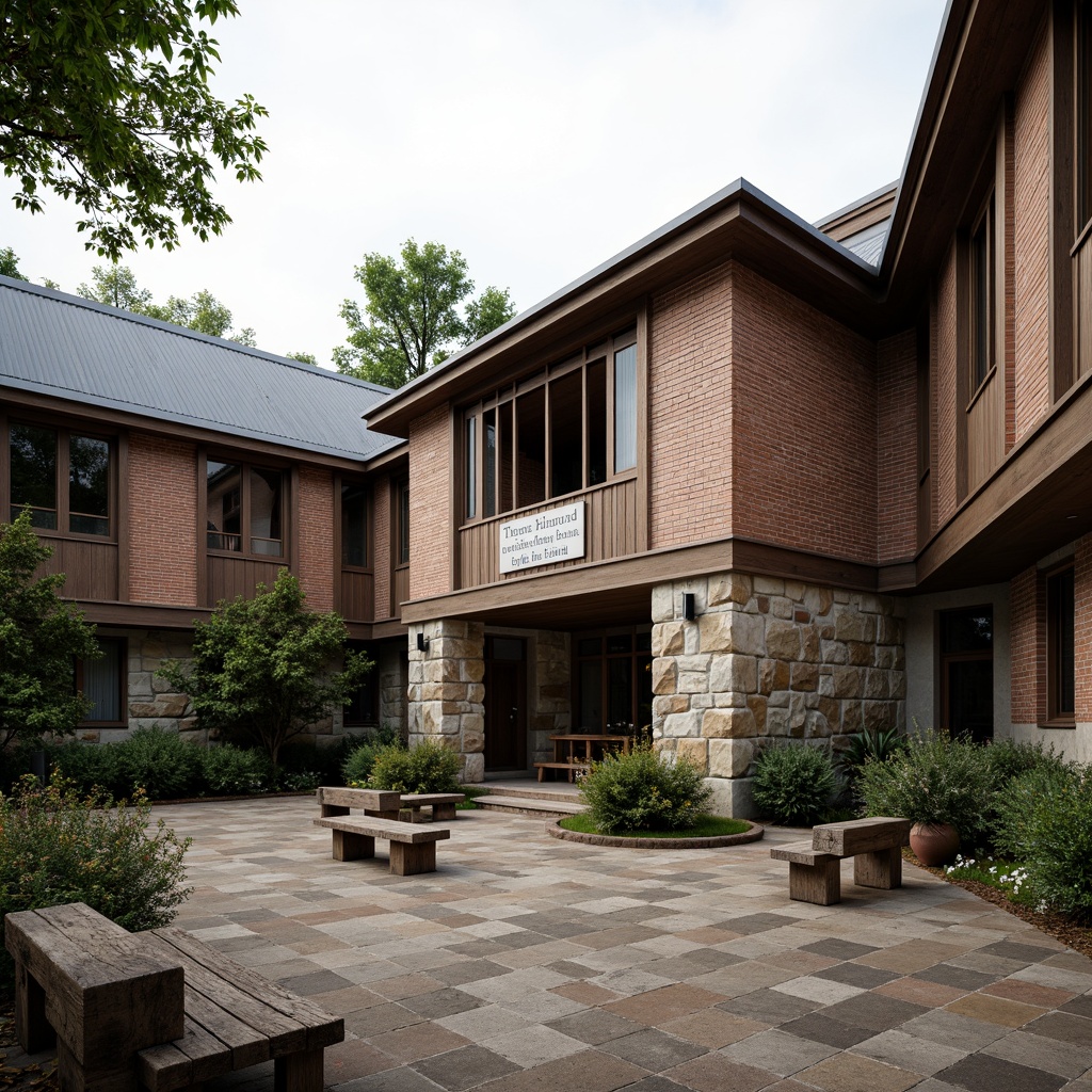 Prompt: Rustic high school building, exposed brick facade, weathered stone walls, wooden accents, metal roofing, corrugated textures, earthy tones, natural materials, organic forms, irregular shapes, distressed finishes, vintage signage, worn-out benches, shaded courtyards, lush greenery, overcast skies, soft diffused lighting, high contrast ratios, shallow depth of field, 2/3 composition, realistic renderings, ambient occlusion.