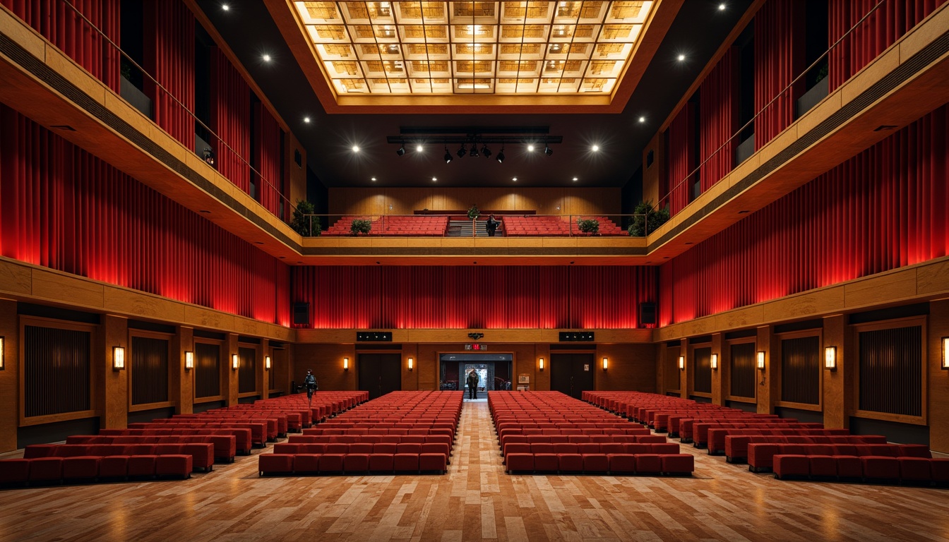 Prompt: Luxurious auditorium, rich wood paneling, sound-absorbing materials, diffused ceiling, tiered seating, professional lighting systems, vibrant red curtains, ornate chandeliers, polished marble floors, acoustic panels, soundproofing doors, reverberation reduction, echo elimination, optimal speaker placement, immersive audio experience, warm intimate ambiance, dramatic spotlights, 1/2 composition, high-contrast colors, realistic textures, ambient occlusion.Let me know if you need any adjustments!