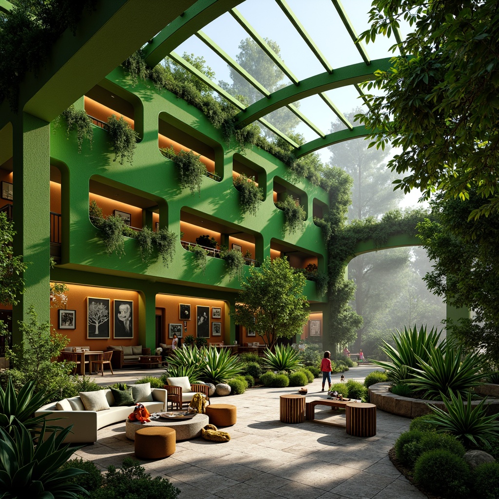 Prompt: Vibrant green walls, lush foliage, natural stone foundation, curved glass roof, organic shapes, whimsical architecture, bold color blocking, contrasting textures, eclectic furniture, artistic lighting fixtures, warm cozy atmosphere, misty mornings, soft diffused light, shallow depth of field, 1/1 composition, realistic plant renderings, ambient occlusion.Please let me know if this meets your requirements!