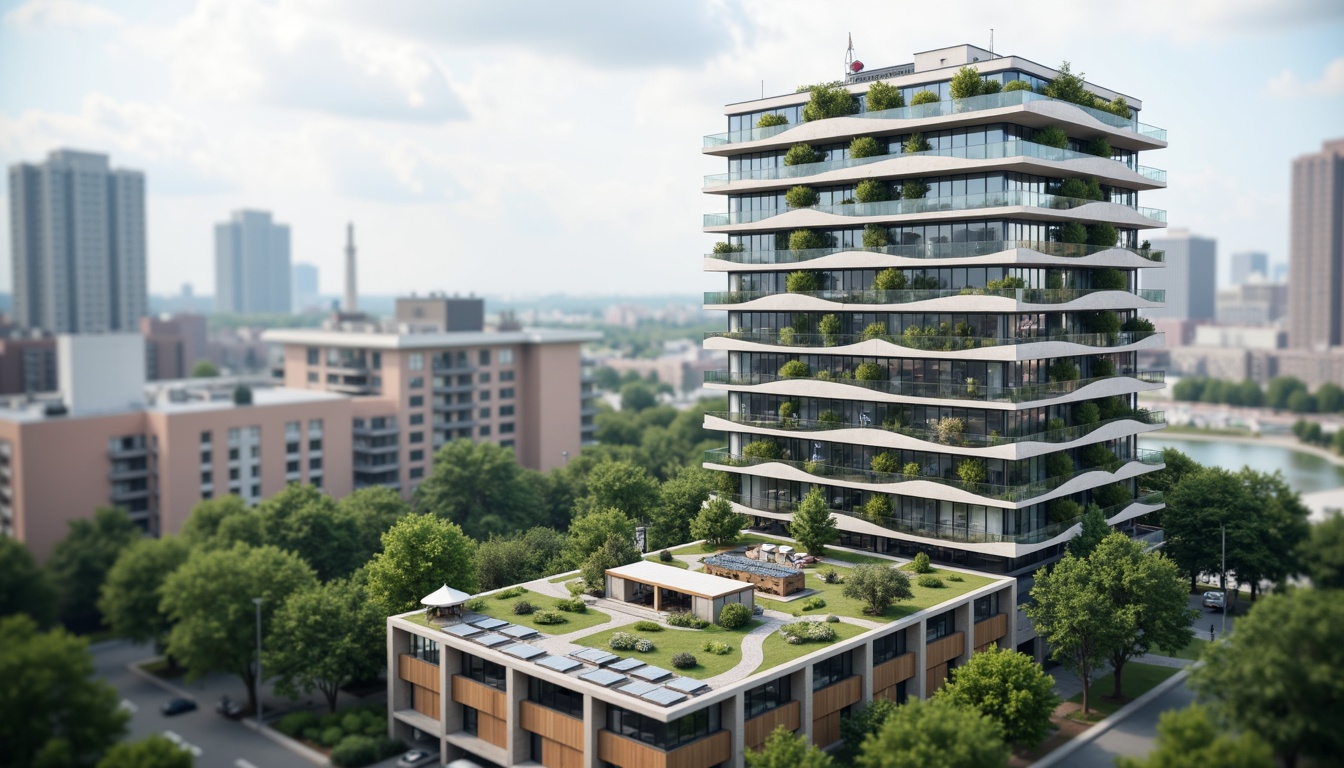 Prompt: Eco-friendly skyscraper, green roofs, solar panels, wind turbines, recycled metal fa\u00e7ade, low-carbon concrete, reclaimed wood accents, bamboo flooring, energy-efficient glazing, minimalist design, angular lines, modernist architecture, urban cityscape, cloudy day, soft natural lighting, shallow depth of field, 3/4 composition, realistic textures, ambient occlusion.