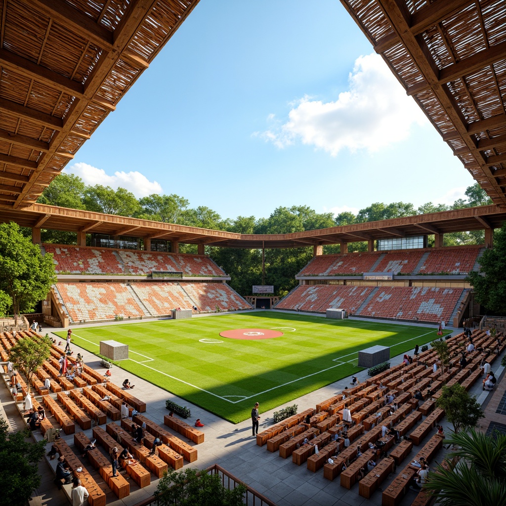 Prompt: Vibrant soccer stadium, regional stone fa\u00e7ade, natural wood accents, earthy terracotta roofs, woven rattan seating, lush greenery, tropical plants, warm sunny day, soft diffused lighting, shallow depth of field, 3/4 composition, panoramic view, realistic textures, ambient occlusion, locally-sourced materials, sustainable design, eco-friendly architecture, community-inspired aesthetics, cultural heritage elements, traditional patterns, vibrant colorful textiles, intricate geometric motifs.