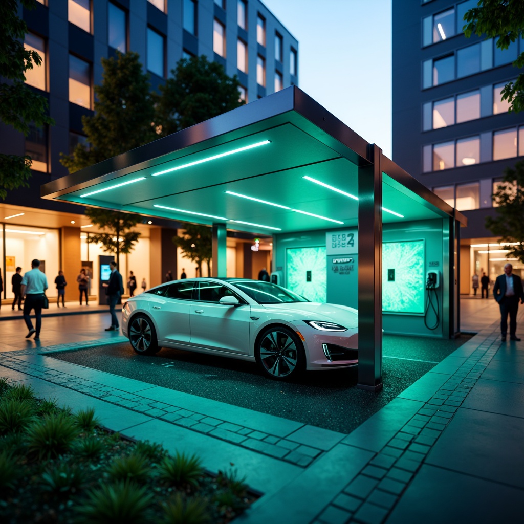 Prompt: Modern electric vehicle charging station, sleek metal design, LED light strips, neon accents, futuristic aesthetic, vibrant blue hues, energizing green tones, dynamic orange shades, high-tech gadgetry, urban cityscape, bustling streets, contemporary architecture, minimalist layout, efficient functionality, eco-friendly branding, sustainable energy solutions, innovative technology integration, seamless user experience, warm inviting lighting, shallow depth of field, 3/4 composition, panoramic view, realistic textures, ambient occlusion.