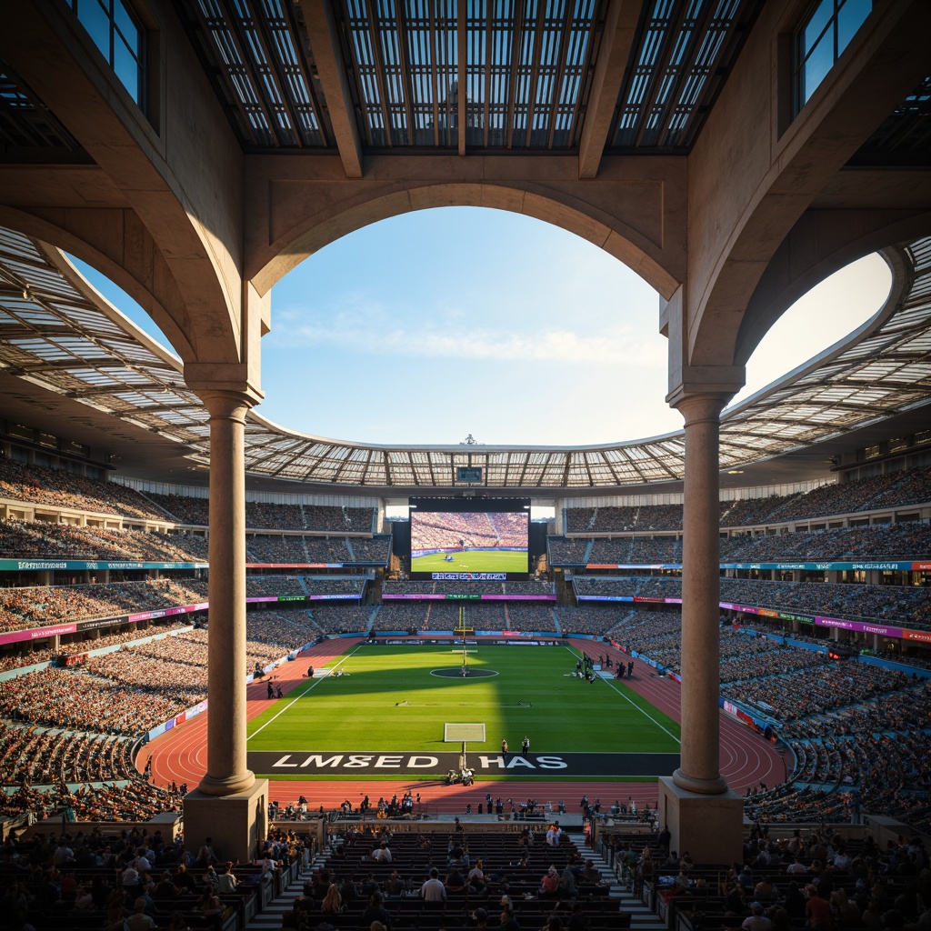 Prompt: Grand football stadium, majestic archways, sweeping curves, monumental entrance, towering pillars, dramatic cantilevered roofs, vibrant team colors, lush green grass, athletic track, scoreboards, floodlights, evening game atmosphere, warm golden lighting, shallow depth of field, 1/1 composition, wide-angle lens, realistic textures, ambient occlusion.