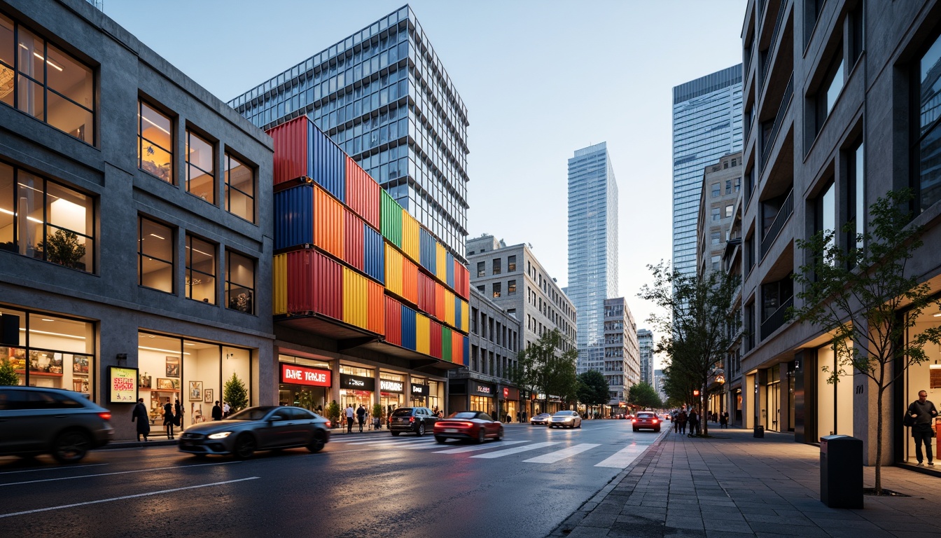 Prompt: Modern logistics center, urban commercial district, industrial chic architecture, metal cladding, concrete walls, large windows, LED signage, vibrant color schemes, dynamic lighting effects, busy street scene, morning rush hour, soft natural light, shallow depth of field, 1/1 composition, realistic textures, ambient occlusion.