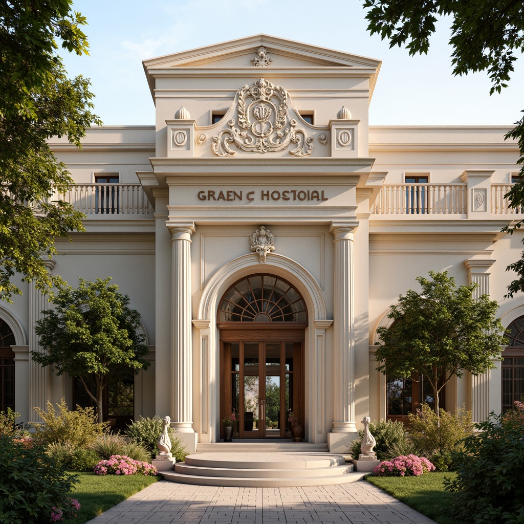 Prompt: Grand hospital entrance, ornate facade details, soft pastel colors, elegant columns, intricately carved stonework, lush greenery, blooming flowers, romantic-era inspired architecture, grand archways, ornamental metalwork, delicate balconies, warm golden lighting, shallow depth of field, 3/4 composition, panoramic view, realistic textures, ambient occlusion.