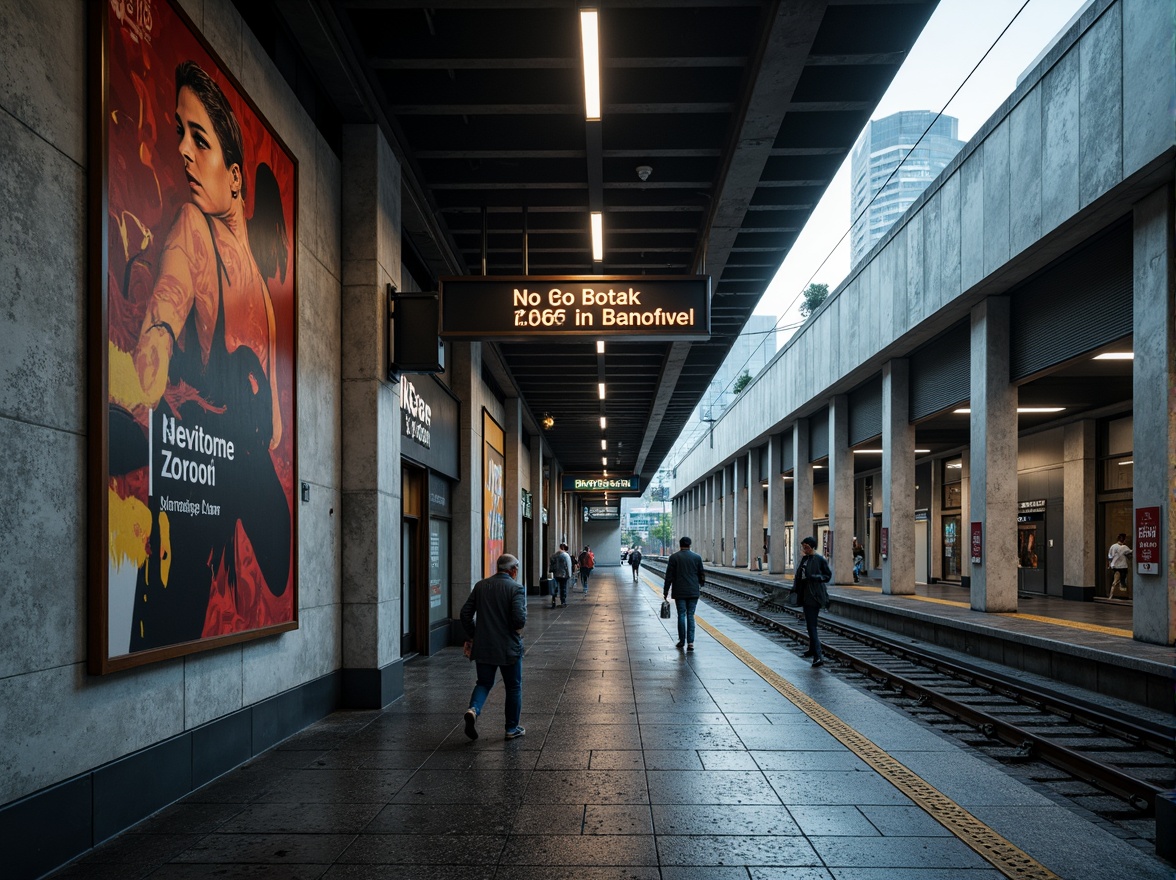 Prompt: Urban metro station, exposed concrete walls, rough textured surfaces, industrial-style lighting, steel beams, modern architecture, bustling city atmosphere, morning rush hour, natural stone floors, geometric patterns, urban graffiti, metallic accents, LED signage, futuristic advertisements, dynamic angles, high-contrast lighting, shallow depth of field, 2/3 composition, realistic reflections, ambient occlusion.