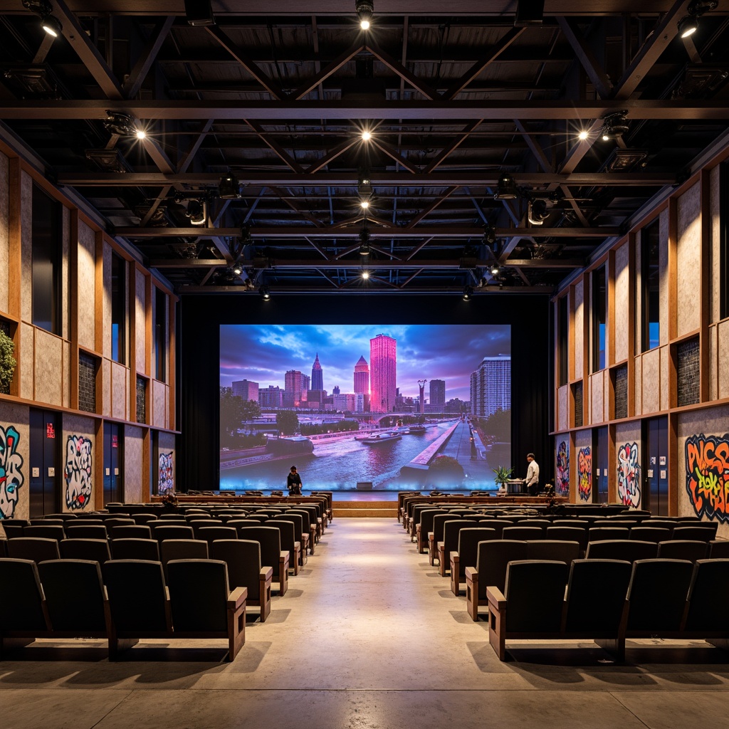 Prompt: Modernist theater interior, angular steel beams, exposed ductwork, concrete floors, industrial-style lighting, minimalist seating, abstract stage design, dramatic spotlights, bold color accents, geometric patterns, urban cityscape backdrop, vibrant graffiti murals, edgy metallic textures, dynamic 3/4 composition, low-key dramatic lighting, cinematic camera angles, realistic rendering, subtle ambient occlusion.