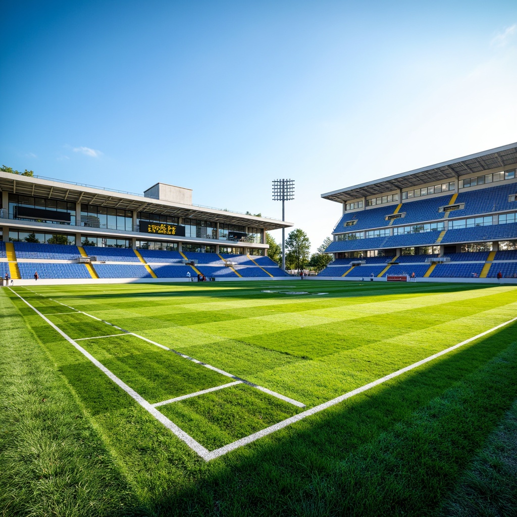 Prompt: Vibrant green grass, natural earth tones, bright white lines, bold team colors, energetic blue accents, sunny day, clear blue sky, stadium seating, scoreboard displays, athletic track surfaces, modern sports architecture, sleek metal goalposts, durable synthetic turf, drainage systems, shock-absorbing materials, safe and accessible pathways.