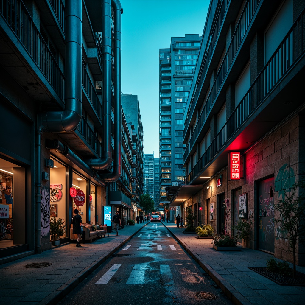 Prompt: Moody urban streets, dark cyan walls, industrial pipes, metal gratings, concrete sidewalks, modern skyscrapers, sleek glass towers, neon signage, vibrant street art, graffiti murals, edgy alleyways, nighttime ambiance, dramatic shadows, high-contrast lighting, cinematic mood, 2.5D composition, atmospheric fog, realistic reflections, detailed textures.