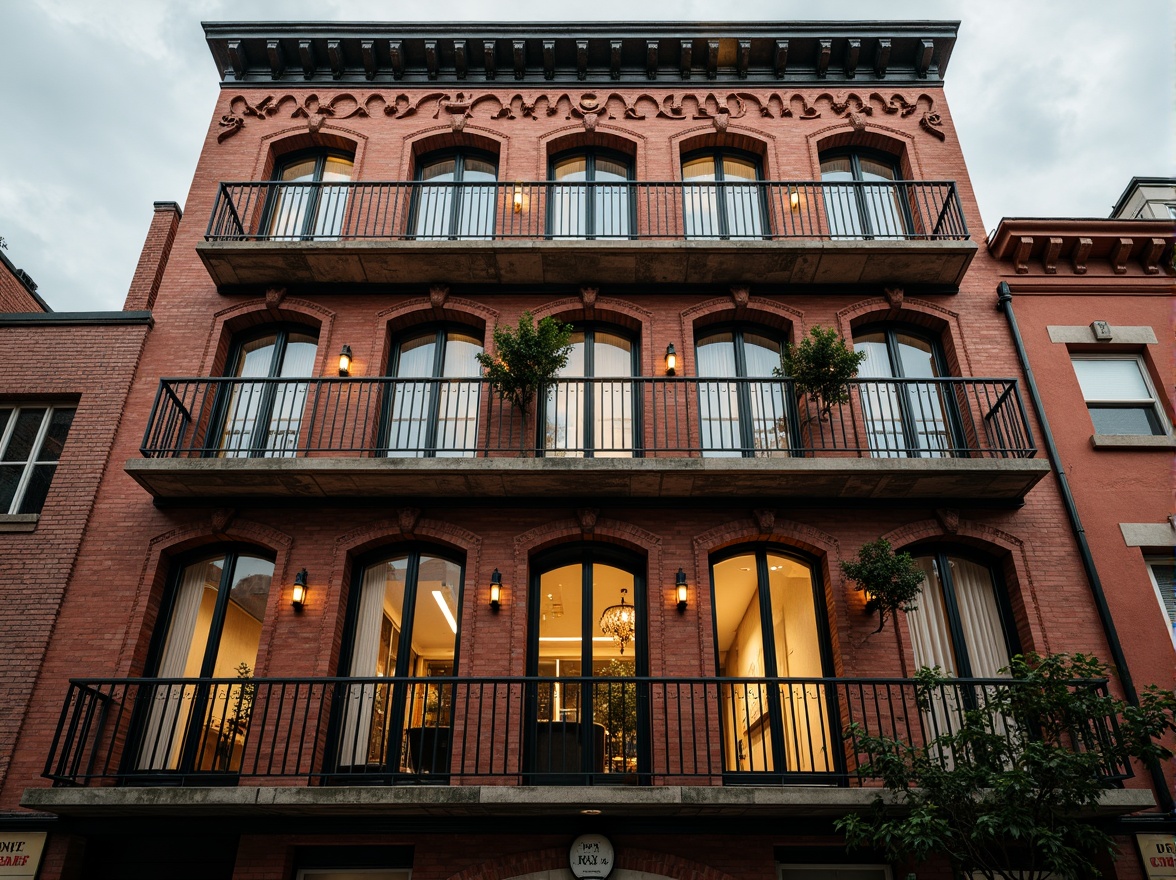 Prompt: Rustic brick facade, ornate stone carvings, grand arched windows, Juliet balconies, ornamental metalwork, distressed wood accents, industrial chic atmosphere, urban cityscape, cloudy grey sky, warm golden lighting, shallow depth of field, 2/3 composition, symmetrical framing, realistic textures, ambient occlusion, elegant typography, vintage decorative elements, sophisticated color palette.