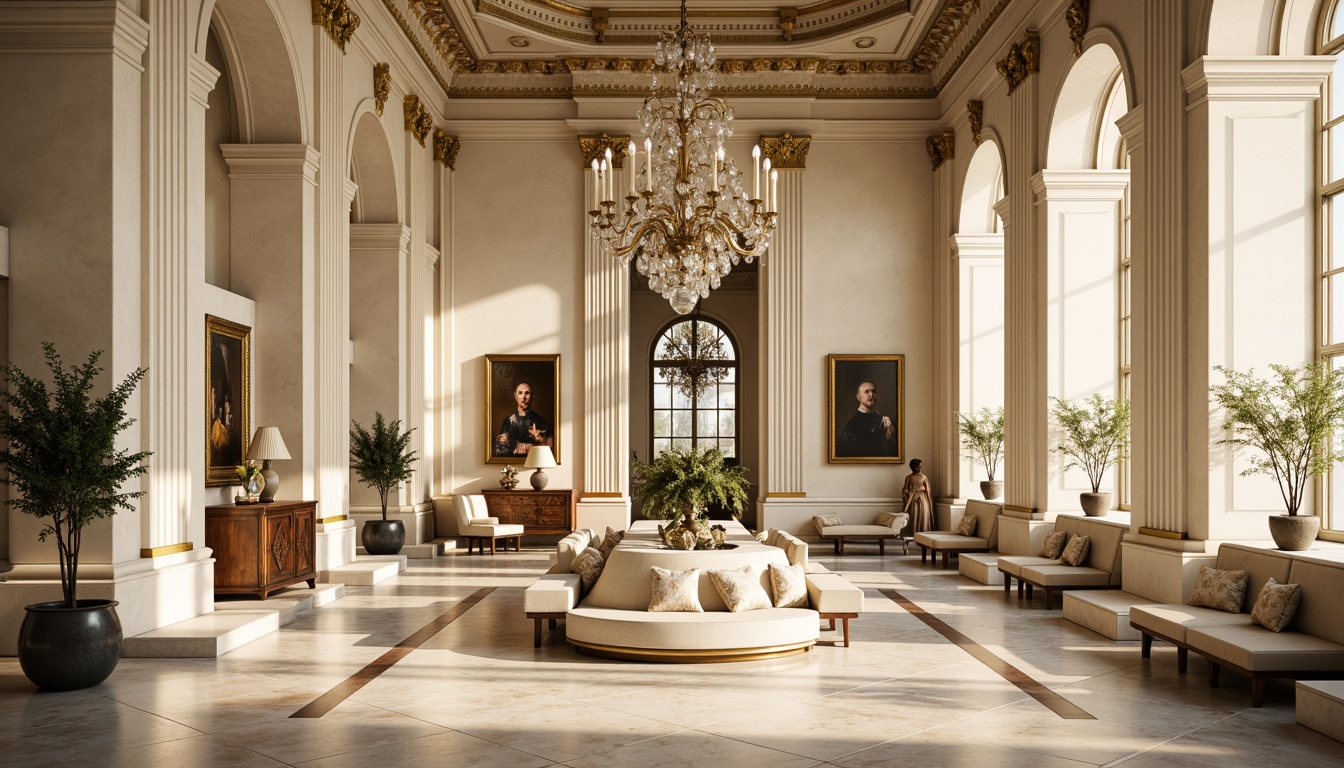 Prompt: Elegant neoclassical architecture, creamy white marble columns, ornate gold accents, soft warm beige stonework, rich walnut wood furnishings, lavish silk fabrics, subtle cream-colored walls, refined bronze details, intricate floral patterns, majestic crystal chandeliers, delicate lace textures, gentle afternoon sunlight, soft focus, 1/1 composition, intimate atmosphere, realistic reflections, ambient lighting.