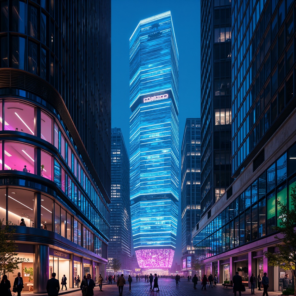 Prompt: Neon-lit skyscraper, futuristic architecture, sleek metallic surfaces, vibrant LED lights, holographic advertisements, urban cityscape, towering high-rise buildings, iridescent glass facades, curved lines, angular shapes, minimalist interior design, luminescent color scheme, electric blue accents, hot pink highlights, neon green stripes, chrome finishes, mirror-like reflections, atmospheric misting systems, dynamic lighting effects, 3/4 composition, low-angle shot, cinematic mood, realistic textures, ambient occlusion.