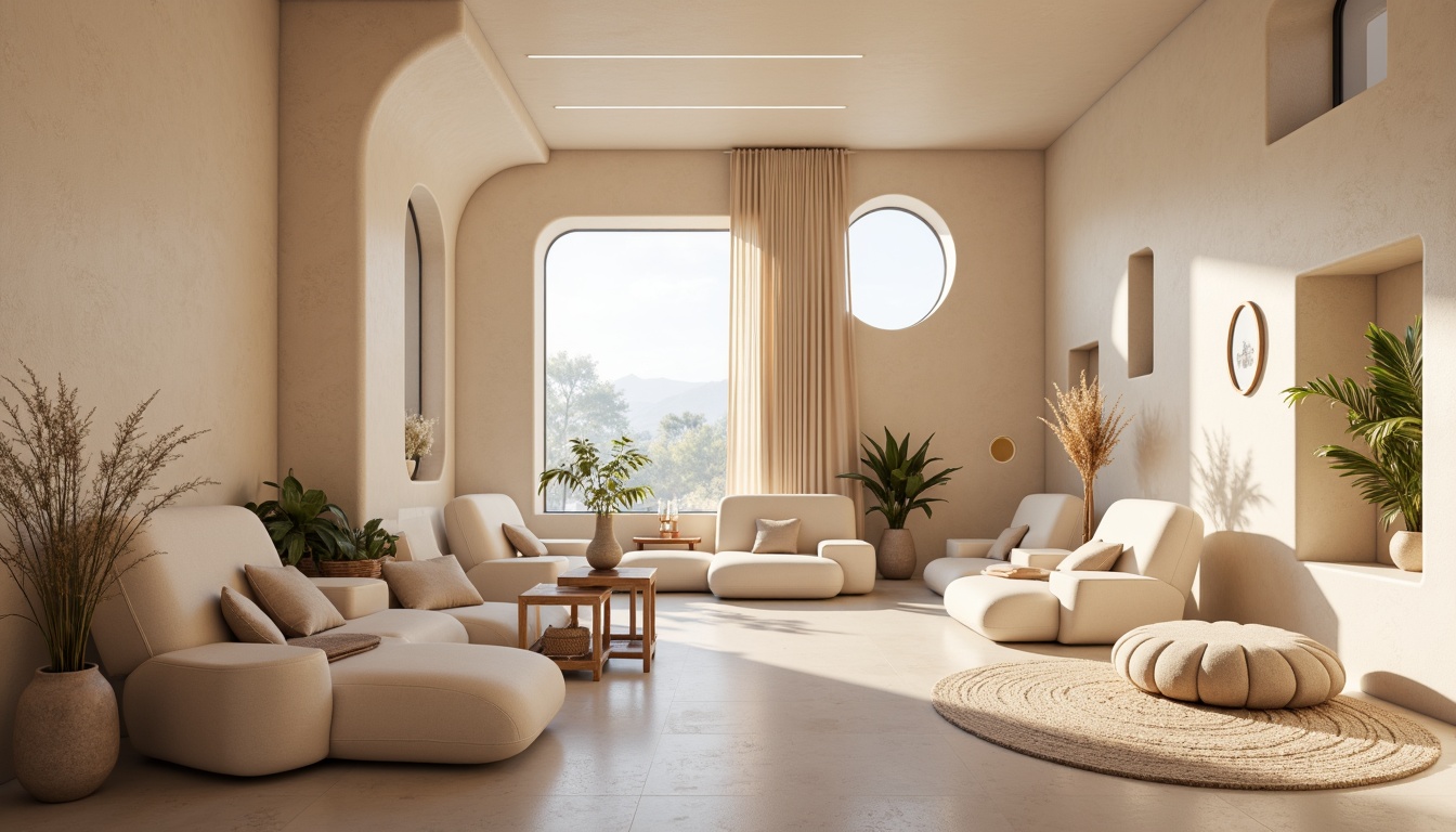 Prompt: Organic blob-shaped furniture, soft pastel colors, rounded edges, futuristic ambiance, cozy reading nooks, plush cushions, irregularly shaped windows, curved walls, minimalist decorations, ambient LED lighting, warm beige tones, creamy whites, natural wood accents, abstract sculptures, flowing curtains, breezy ventilation systems, relaxed atmosphere, shallow depth of field, 1/1 composition, cinematic view, realistic textures, subtle animations.