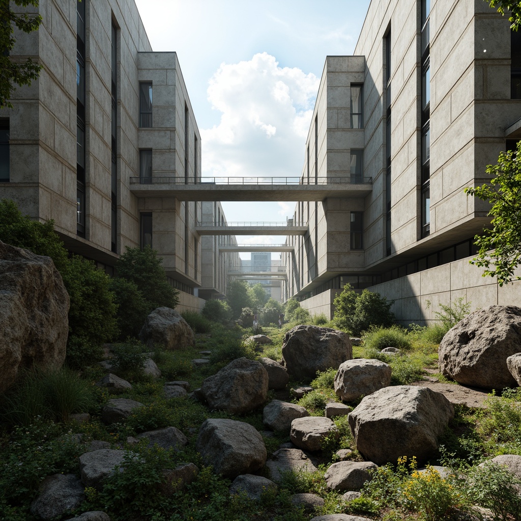 Prompt: Rugged brutalist buildings, raw concrete textures, fortress-like structures, angular lines, monumental scale, overgrown vegetation, wildflowers, moss-covered walls, natural rock formations, weathered steel accents, industrial materials, urban landscape integration, elevated walkways, cantilevered sections, dramatic shadows, harsh natural light, atmospheric misting, 1/1 composition, symmetrical framing, realistic stone patterns, ambient occlusion.