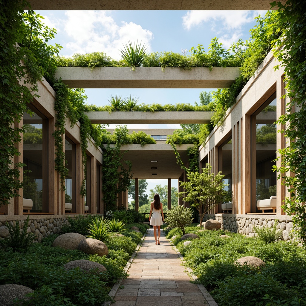 Prompt: Vibrant green roofs, lush vegetation, natural stone walls, large skylights, clerestory windows, solar tubes, LED lighting, energy-efficient systems, eco-friendly materials, bamboo floors, reclaimed wood accents, minimalist decor, open floor plans, high ceilings, airy spaces, warm sunny days, soft diffused light, shallow depth of field, 1/1 composition, realistic textures, ambient occlusion.Please let me know if this meets your requirements!