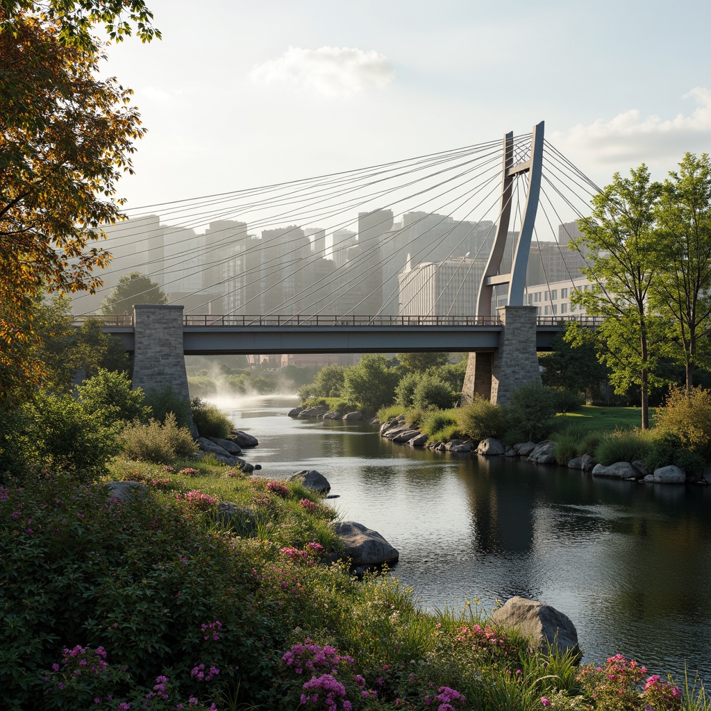 Prompt: \Curved bridge silhouette, lush greenery integration, natural stone piers, water reflection, misty atmosphere, gentle river flow, scenic pedestrian walkways, wooden railings, modern steel structure, sleek cable-stayed design, subtle lighting effects, shallow depth of field, 2/3 composition, panoramic view, realistic textures, ambient occlusion, urban cityscape background, vibrant flowers, blooming trees, sunny day, soft warm lighting.\Please let me know if this meets your requirements!