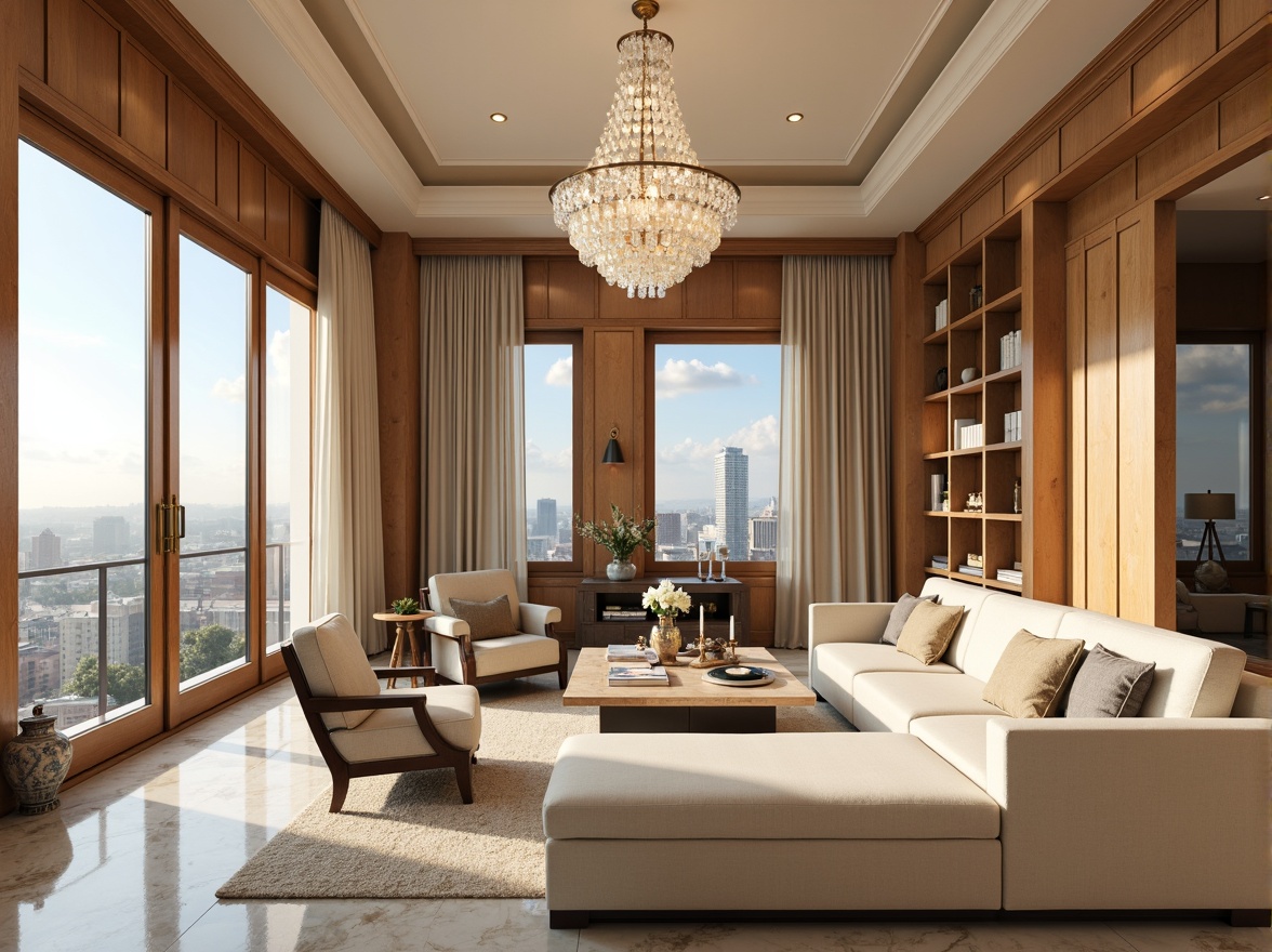 Prompt: Luxurious penthouse, rich wood accents, marble floors, elegant chandeliers, cream-colored walls, soft beige furniture, velvety drapes, golden metal fixtures, sophisticated neutral tones, lavish textures, ornate moldings, grand high ceilings, crystal clear windows, breathtaking city views, warm afternoon sunlight, subtle gradient lighting, 1/1 composition, realistic reflections, ambient occlusion.