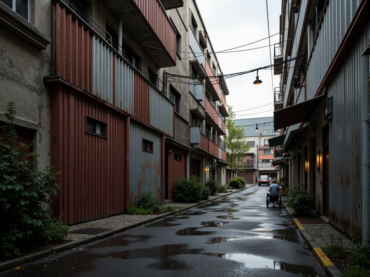 Prompt: Rustic industrial buildings, corrugated iron facades, weathered metallic textures, distressed finishes, urban landscapes, city streets, alleys, old factories, abandoned warehouses, vintage machinery, gritty atmosphere, high contrast lighting, deep shadows, cinematic composition, realistic reflections, ambient occlusion.