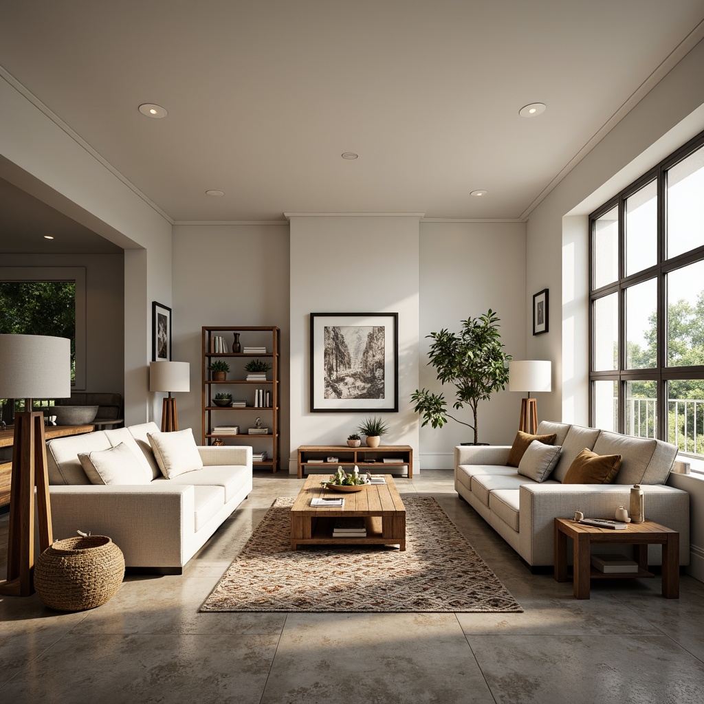 Prompt: Cozy living room, plush sofas, wooden coffee tables, soft cushions, floor lamps, minimalist decor, neutral color palette, functional storage units, sleek shelving systems, geometric patterned rugs, natural stone flooring, large windows, abundant natural light, airy atmosphere, 1/1 composition, softbox lighting, realistic textures, subtle ambient occlusion.