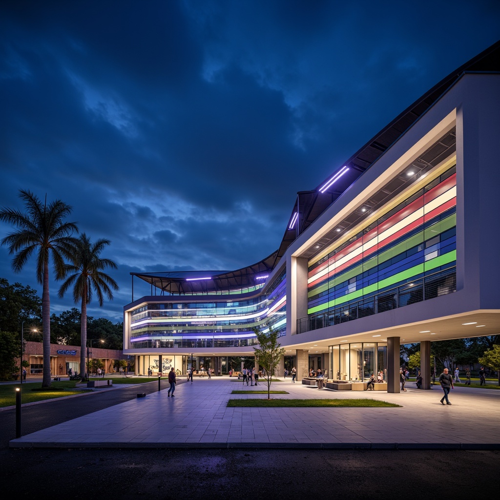 Prompt: Modernist stadium, sleek angular architecture, cantilevered roofs, minimalist fa\u00e7ade, floodlights, spotlights, LED strips, vibrant color changing lights, dynamic lighting effects, dusk till dawn simulation, warm white lighting, high ceilings, exposed ductwork, industrial materials, polished concrete floors, metallic accents, retractable roofs, panoramic views, 1/2 composition, dramatic shadows, high contrast ratio, cinematic atmosphere.