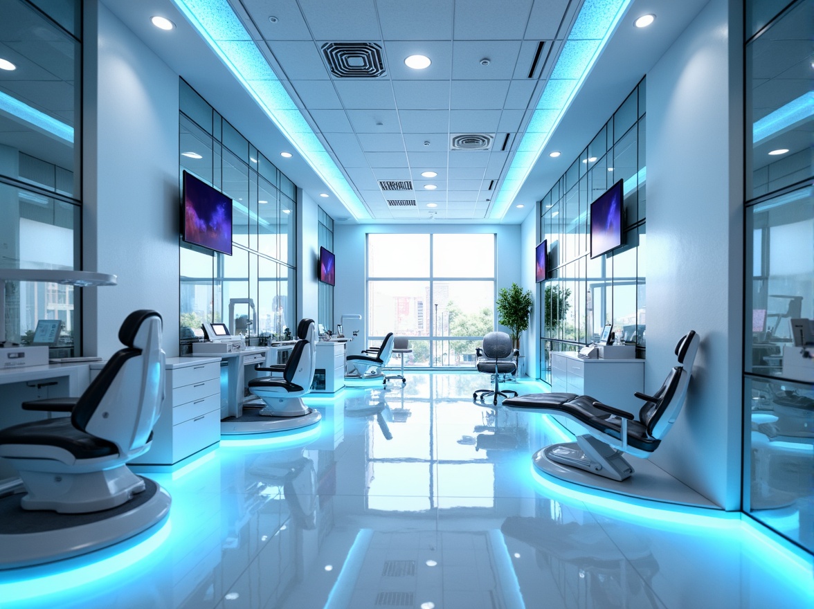 Prompt: Futuristic dental clinic, sleek metallic accents, neon blue LED lights, high-gloss white floors, minimalist modern furniture, advanced medical equipment, sterile glass partitions, futuristic chair designs, calming ambient lighting, shallow depth of field, 3/4 composition, realistic textures, ambient occlusion, crisp clean lines, geometric patterns, monochromatic color scheme, bright whites, deep blues, metallic silvers.