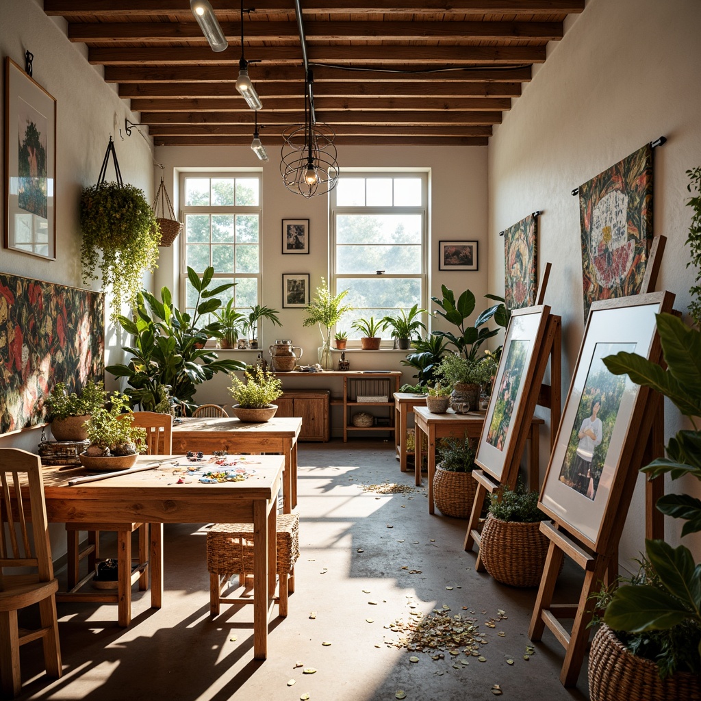 Prompt: Vibrant artistic studio, natural light pouring in, wooden easels, paint-splattered tables, eclectic artwork, bohemian textiles, woven baskets, potted plants, earthy tones, rich brown wood accents, creamy white walls, soft pastel hues, bold brushstroke patterns, metallic gold details, warm afternoon sunlight, shallow depth of field, 1/2 composition, soft focus, atmospheric lighting.