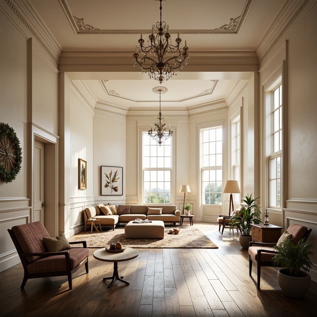 Prompt: Grandiose loft space, neoclassical architectural elements, ornate moldings, high ceilings, large windows, natural light pouring in, soft warm glow, creamy white walls, dark wood flooring, elegant chandeliers, refined furniture pieces, luxurious fabrics, subtle texture variations, shallow depth of field, 1/1 composition, atmospheric perspective, realistic lighting effects, ambient occlusion.