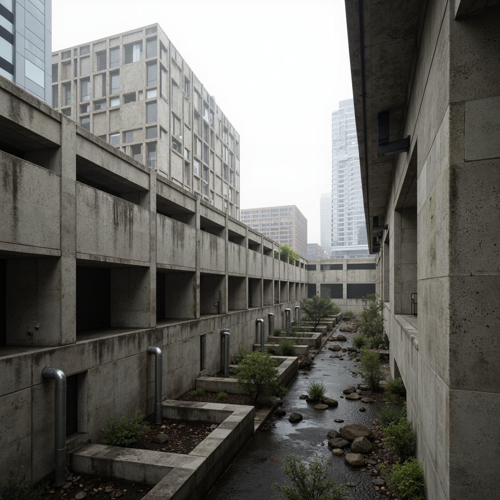 Prompt: Raw concrete walls, exposed ductwork, industrial pipes, metal beams, rugged stone foundations, fortress-like structures, monumental scale, dramatic cantilevers, geometric shapes, angular forms, poured-in-place concrete, brutalist fortresses, urban landscapes, metropolitan backdrops, overcast skies, diffused natural light, high-contrast shadows, abstract compositions, 2/3 framing, atmospheric perspective, gritty textures, weathered materials.