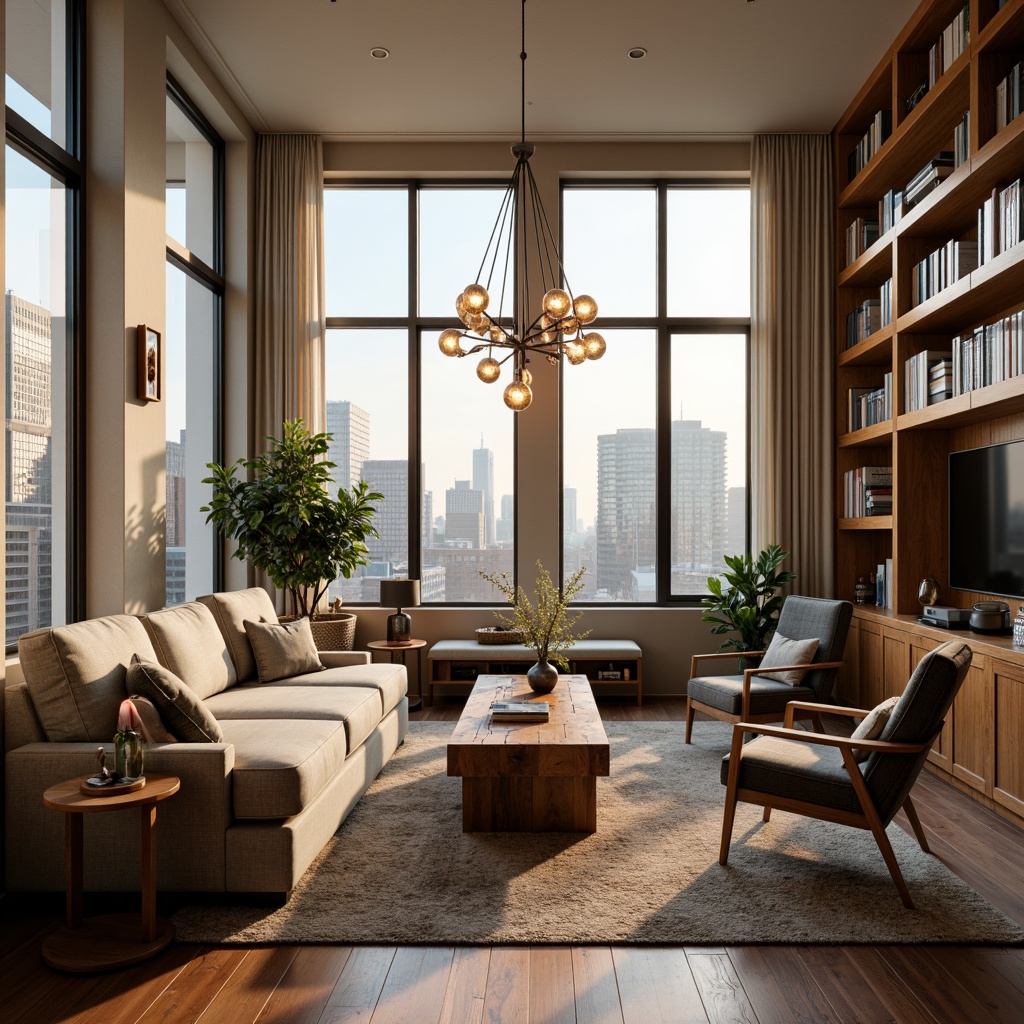 Prompt: Cozy living room, plush sofas, velvet armchairs, wooden coffee tables, rustic rugs, soft warm lighting, floor-to-ceiling windows, cityscape views, modern minimalist decor, elegant chandeliers, cream-colored walls, rich wood accents, comfortable reading nooks, built-in bookshelves, ambient sound systems, 1/1 composition, shallow depth of field.