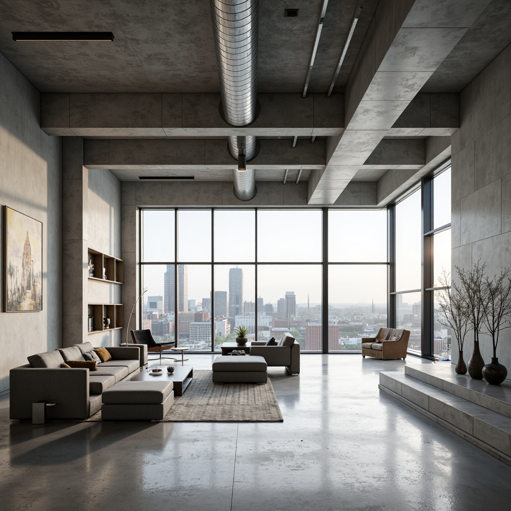 Prompt: Minimalist open floor plan, industrial materials, exposed ductwork, polished concrete floors, functional simplicity, geometric shapes, rectangular forms, clean lines, monochromatic color scheme, natural light, large windows, sliding glass doors, urban loft atmosphere, modern cityscape views, abstract artwork, sleek metal accents, functional furniture, built-in shelving, hidden storage, flexible living spaces, dynamic spatial flow, airy feel, soft diffused lighting, shallow depth of field, 2/3 composition, realistic textures, ambient occlusion.