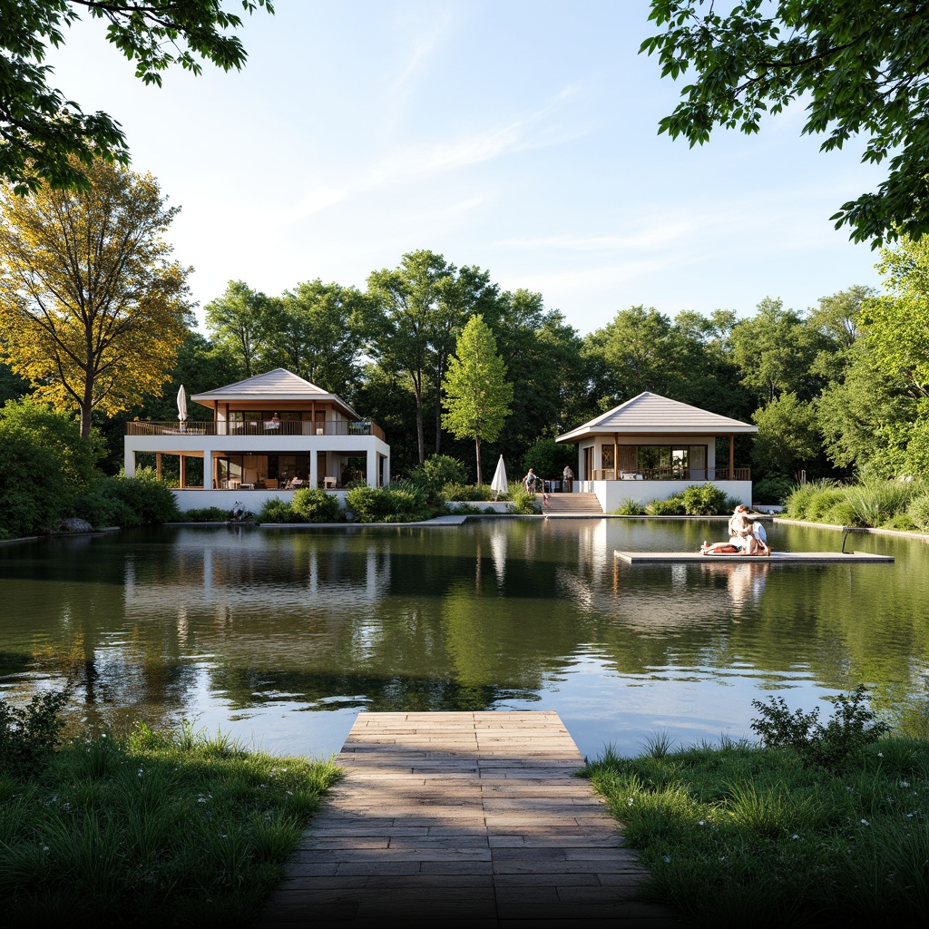 Prompt: Scenic lakefront, serene water reflection, lush green vegetation, wooden docks, sailboats, paddleboards, rustic stone walkways, modern lakehouse architecture, large windows, sliding glass doors, cantilevered roofs, outdoor living spaces, warm sunny day, soft natural lighting, shallow depth of field, 3/4 composition, panoramic view, realistic water textures, ambient occlusion.