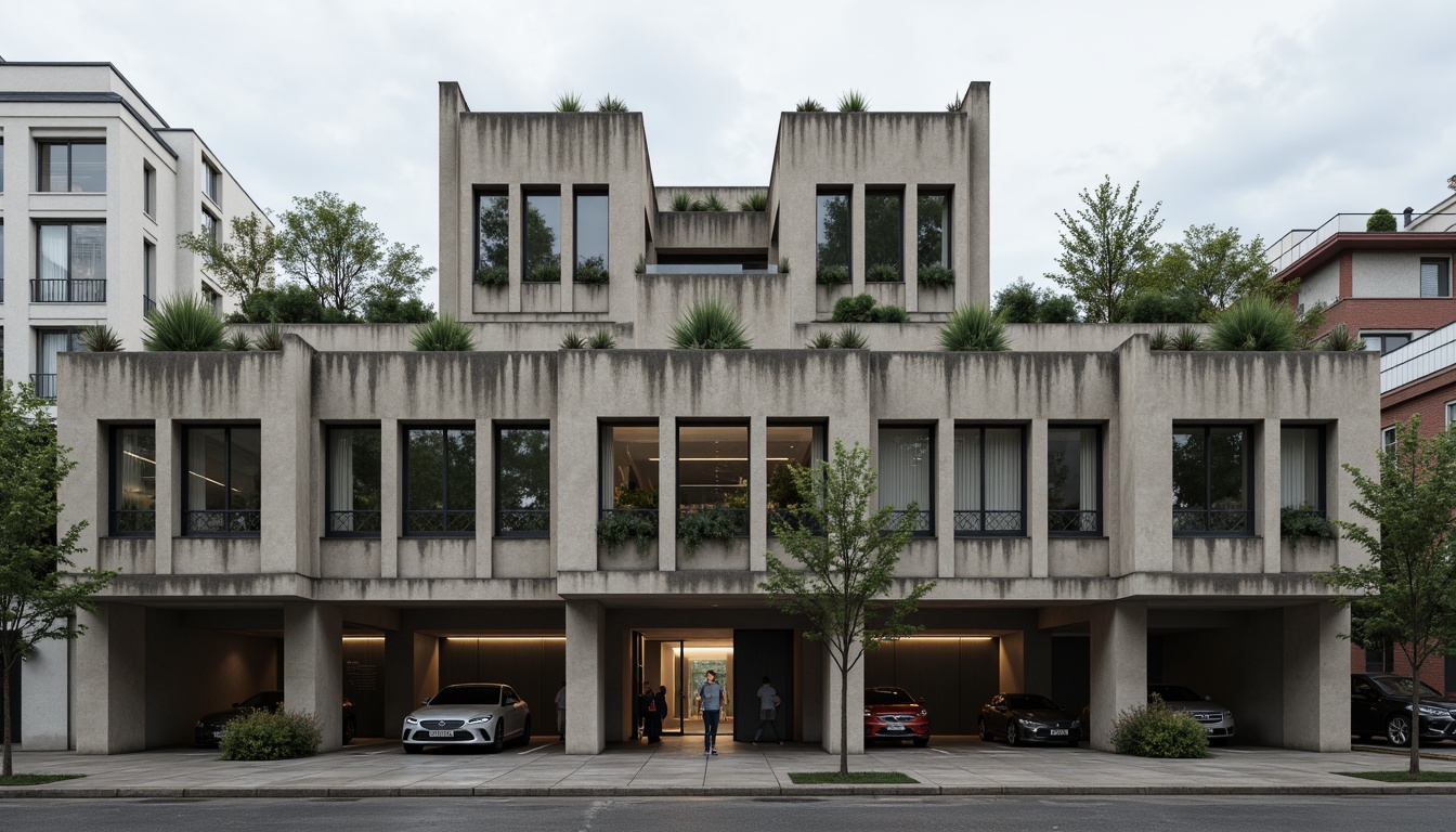 Prompt: Rugged rehabilitation center facade, brutalist architecture style, raw concrete textures, fortress-like structures, industrial metal accents, minimalist windows, vertical circulation towers, green roofs, urban cityscape backdrop, overcast skies, dramatic shadows, high-contrast lighting, 1/1 composition, symmetrical framing, gritty realistic renderings, subtle weathering effects.