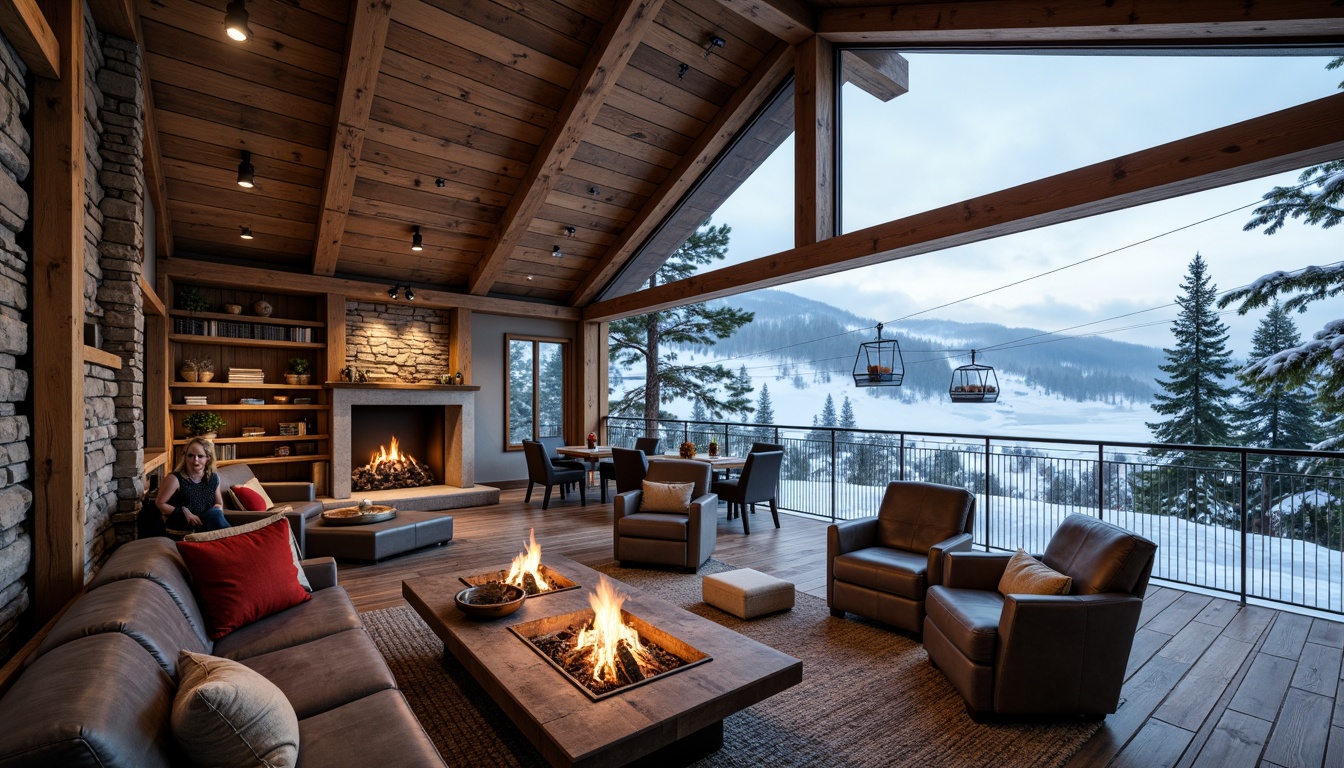 Prompt: Rustic ski lodge, wooden accents, natural stone walls, reclaimed wood beams, earthy color palette, rich textiles, vintage ski equipment, distressed leather furniture, warm ambient lighting, cozy fireplaces, snow-capped mountains, frosty winter morning, soft powdery snow, frozen lake views, evergreen trees, wooden ski lifts, modern ski resort architecture, steel framework, large glass windows, minimalist decor, functional design, sustainable materials, eco-friendly construction, natural insulation systems, recycled metal cladding.