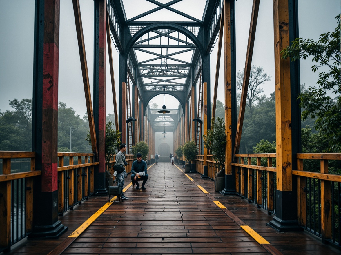 Prompt: Vibrant eclectic bridge, asymmetrical arches, suspended walkways, ornate metal railings, distressed wooden planks, eclectic mix of materials, industrial steel beams, rustic stone pillars, intricate ironwork details, dynamic lighting effects, misty atmosphere, shallow depth of field, 1/2 composition, dramatic perspective view, realistic textures, ambient occlusion.