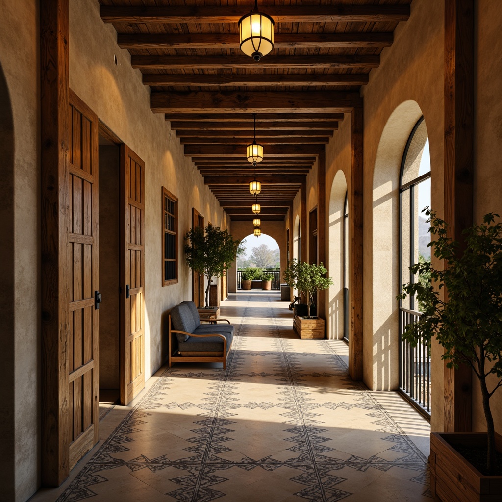 Prompt: Rustic wooden accents, distressed finishes, earthy tones, natural stone walls, reclaimed wood planks, vintage metal fixtures, ornate tile patterns, Mediterranean-inspired archways, warm golden lighting, soft focus blur, shallow depth of field, 1/2 composition, realistic textures, ambient occlusion.