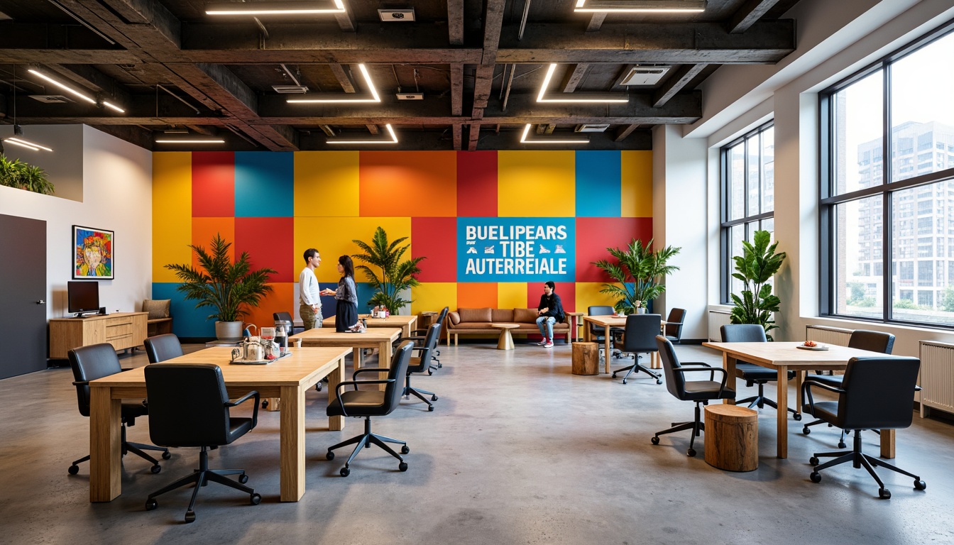 Prompt: Vibrant office space, primary colors, bold typography, geometric shapes, industrial materials, metal accents, minimalist decor, functional lighting, open floor plans, collaborative workspaces, modernist architecture, rectangular windows, concrete floors, wooden desks, leather chairs, abstract artwork, neutral backgrounds, natural light, airy atmosphere, shallow depth of field, 3/4 composition, panoramic view.