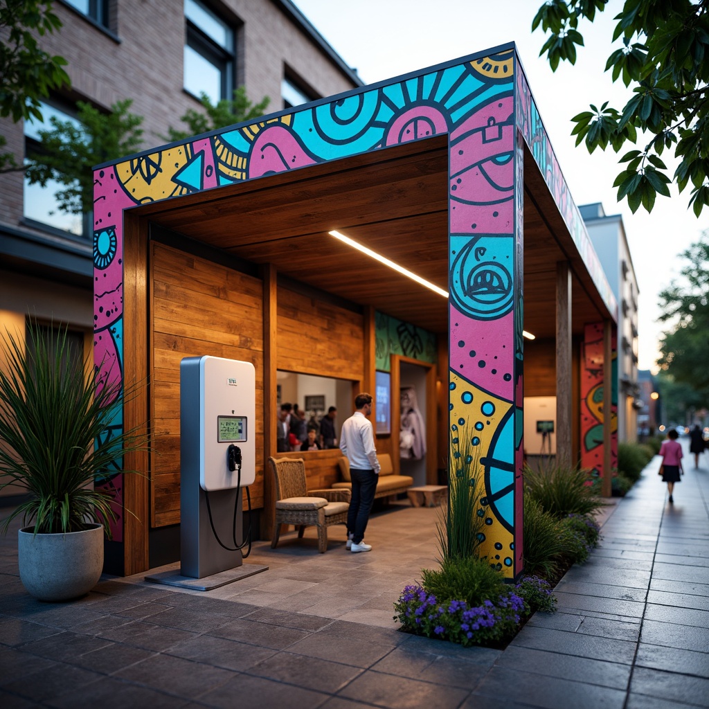 Prompt: Vibrant eclectic charging station, mixed materiality, recycled metal accents, reclaimed wood textures, bold colorful murals, futuristic neon lighting, geometric patterns, industrial chic atmosphere, open-air layout, pedestrian-friendly access, urban cityscape background, morning sunlight, soft warm glow, shallow depth of field, 1/1 composition, realistic renderings, ambient occlusion.