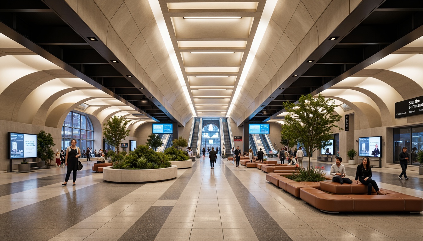 Prompt: Vibrant metro station interior, sleek modern architecture, flowing curves, stainless steel accents, polished granite floors, illuminated LED ceilings, comfortable seating areas, bustling pedestrian traffic, urban cityscape views, natural stone walls, minimalist signage, efficient navigation systems, futuristic escalators, spacious platforms, warm color scheme, soft ambient lighting, 1/1 composition, shallow depth of field, realistic textures.