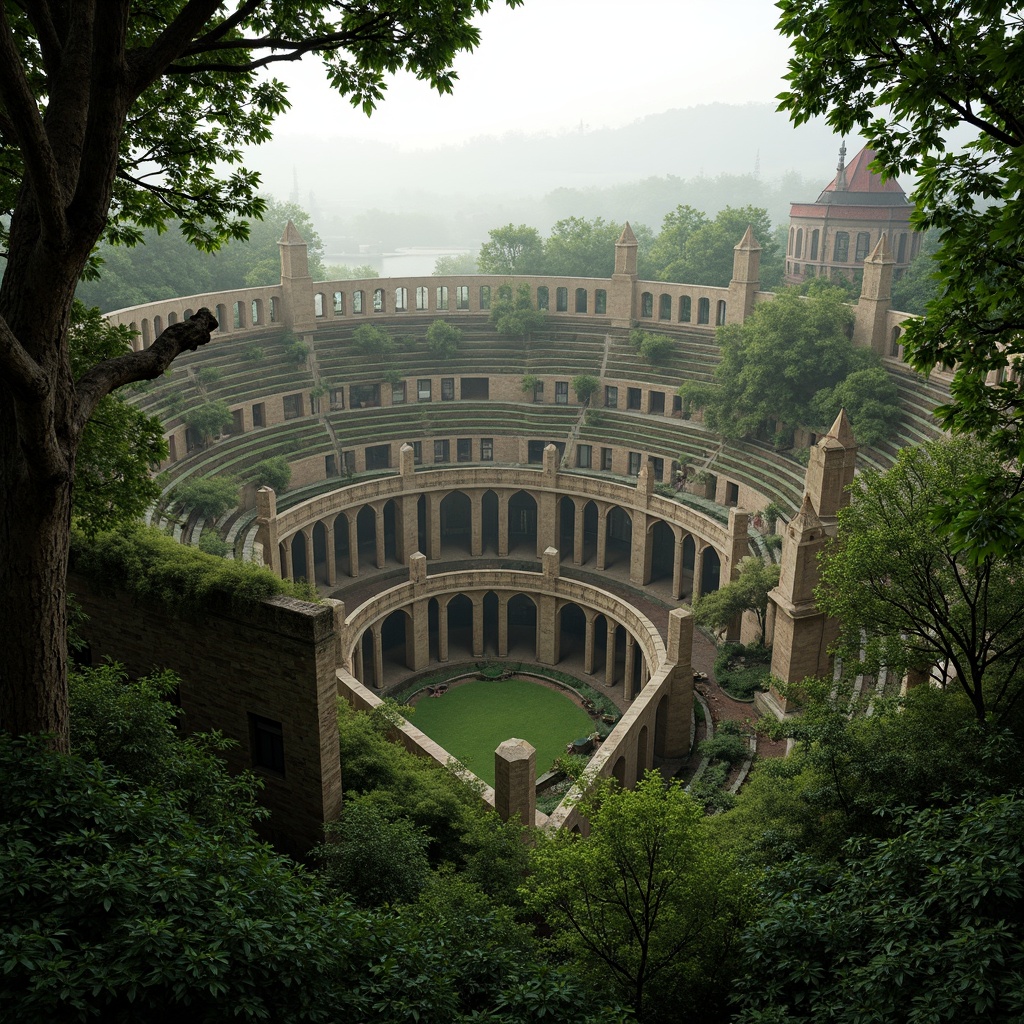 Prompt: Mystical forest, twisted tree branches, overgrown vegetation, ancient stone walls, grandiose Gothic stadium, intricate stonework, pointed arches, ribbed vaults, flying buttresses, stained glass windows, medieval-inspired architecture, lush green roofs, misty atmosphere, soft warm lighting, shallow depth of field, 1/2 composition, panoramic view, realistic textures, ambient occlusion.