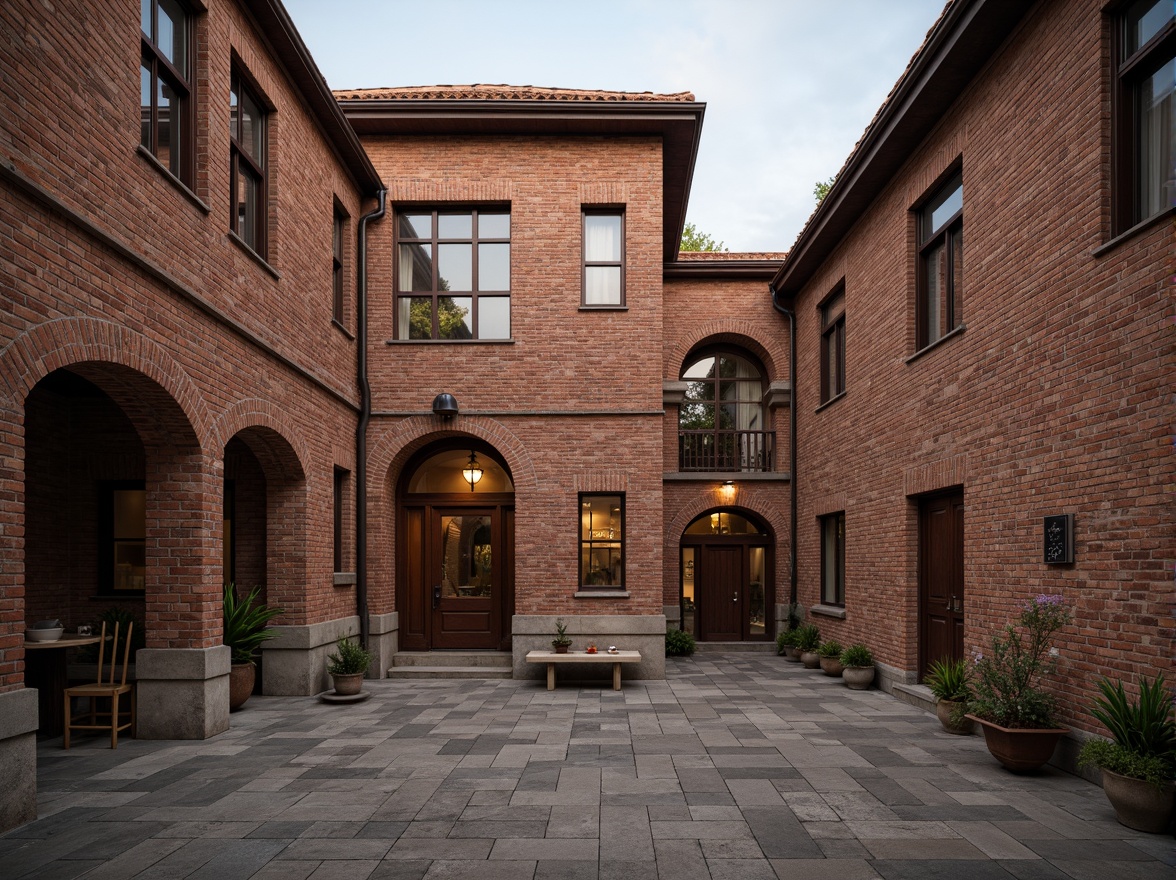 Prompt: Traditional brick buildings, rustic stone walls, ornate archways, distressed textures, earthy color palette, rich mortar joints, weathered coping stones, decorative quoins, grand entranceways, imposing columns, warm ambient lighting, soft shadows, 3/4 composition, shallow depth of field, realistic stone rendering, ambient occlusion.