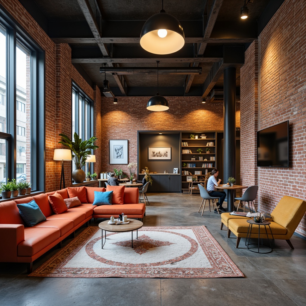 Prompt: Industrial-chic hostel lobby, exposed brick walls, polished concrete floors, minimalist furniture, geometric patterns, bold color accents, communal seating areas, modern pendant lighting, functional shelving units, cozy reading nooks, eclectic art pieces, distressed wood accents, urban loft atmosphere, natural textiles, industrial metal beams, open-plan layout, high ceilings, abundant natural light, soft warm glow, shallow depth of field, 1/1 composition, realistic textures, ambient occlusion.