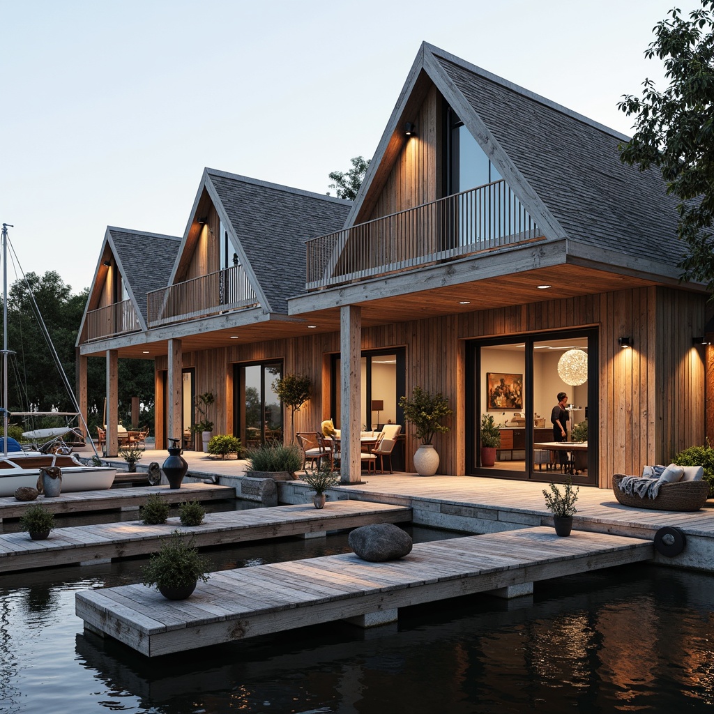 Prompt: Waterfront location, rustic wooden dock, weathered boat lifts, nautical ropes, sailboat masts, serene lake reflection, overhanging rooflines, cedar shingle exterior, reclaimed wood accents, steel beam supports, floor-to-ceiling windows, sliding glass doors, cozy interior nooks, vintage marine artifacts, soft warm lighting, shallow depth of field, 2/3 composition, realistic textures, ambient occlusion.