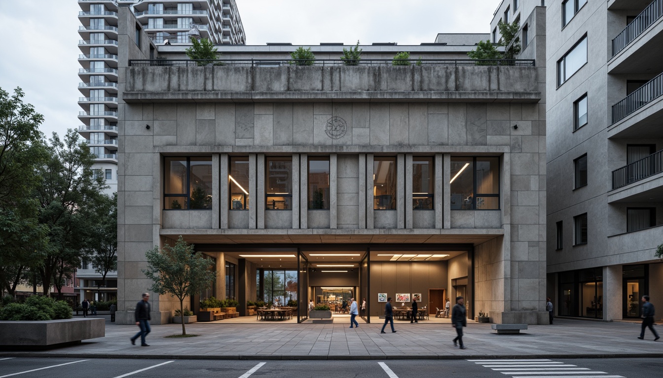 Prompt: Rugged brutalist building, raw concrete fa\u00e7ade, imposing fortress-like structure, abundant natural light, large industrial windows, clerestory windows, skylights, open floor plans, minimal obstructions, reflective interior surfaces, polished concrete floors, industrial-style lighting fixtures, dramatic shadows, high ceilings, urban cityscape, overcast skies, soft diffused lighting, shallow depth of field, 2/3 composition, realistic textures, ambient occlusion.