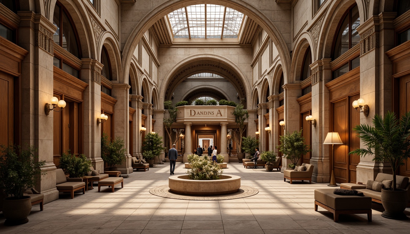 Prompt: Grandiose banking hall, ornate arches, rusticated stone walls, intricate carvings, Corinthian columns, high ceilings, stained glass skylights, polished marble floors, elegant chandeliers, luxurious furnishings, rich wood accents, warm golden lighting, shallow depth of field, 1/2 composition, dramatic perspective, realistic textures, ambient occlusion.